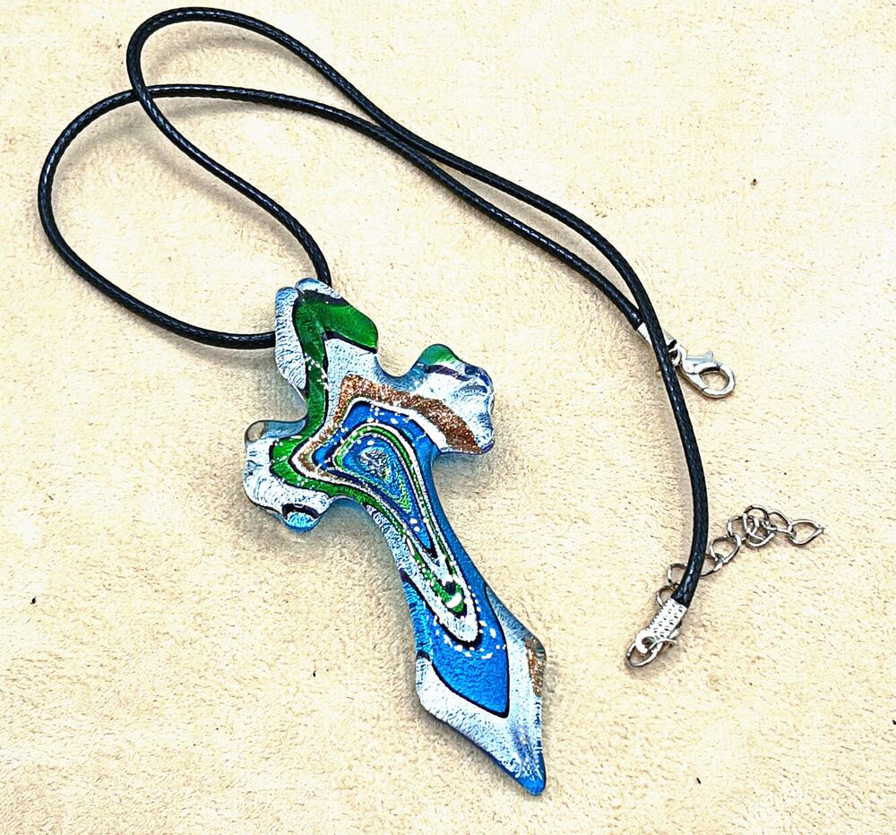 Murano Style Multi-Color Glass Cross Pendant Necklace